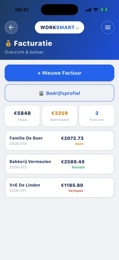 Facturatie-overzicht met facturen en statussen in de WorkSmart AI app