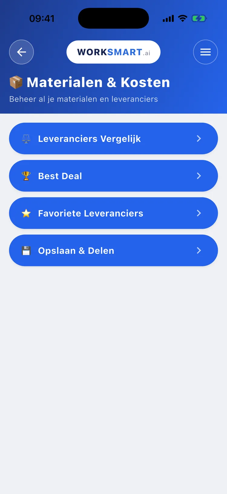 Materialen & Kosten: leveranciersvergelijking in de WorkSmart AI app