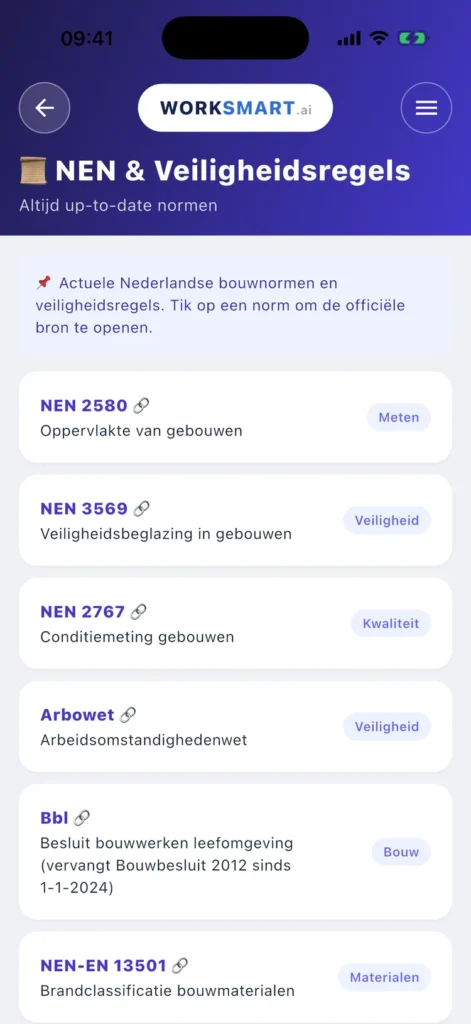 NEN & Veiligheidsregels-overzicht in de WorkSmart AI app