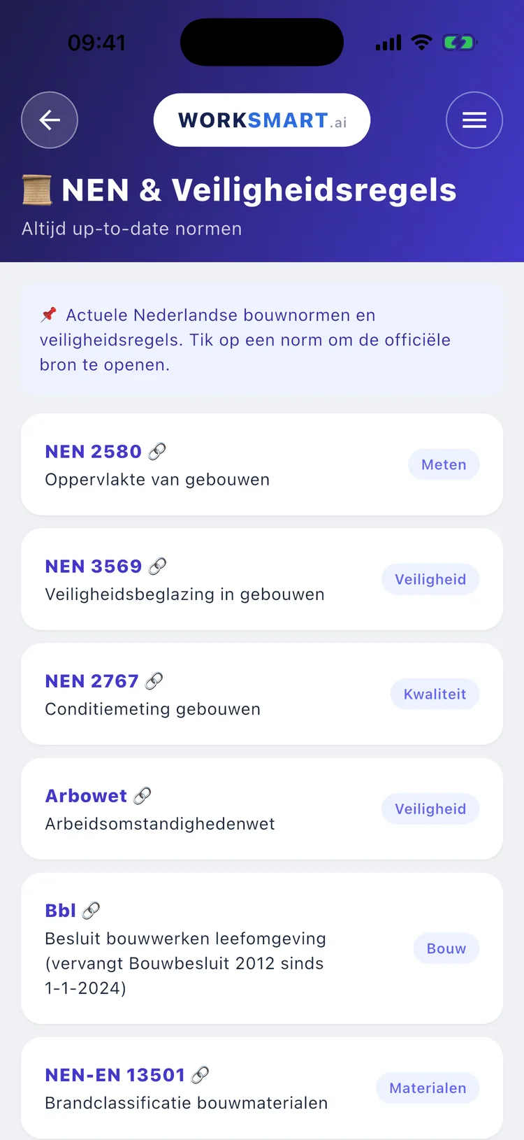 NEN & Veiligheidsregels-overzicht in de WorkSmart AI app