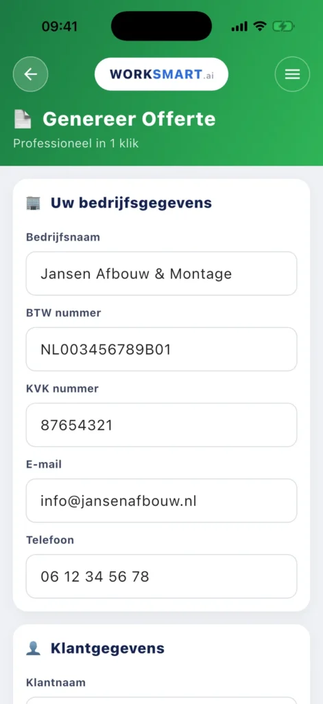 Genereer Offerte-scherm in de WorkSmart AI app