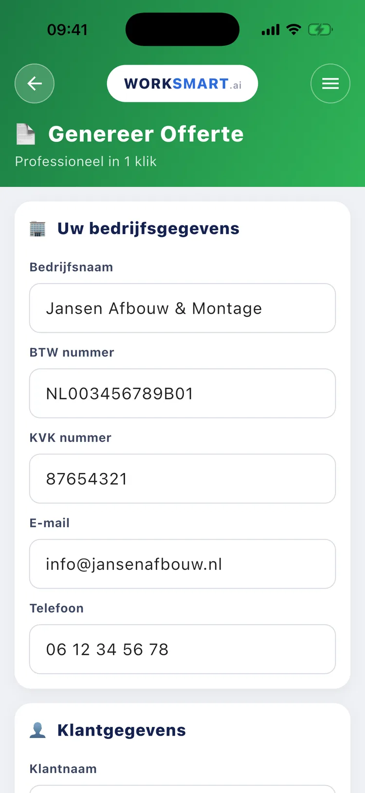 Genereer Offerte-scherm in de WorkSmart AI app