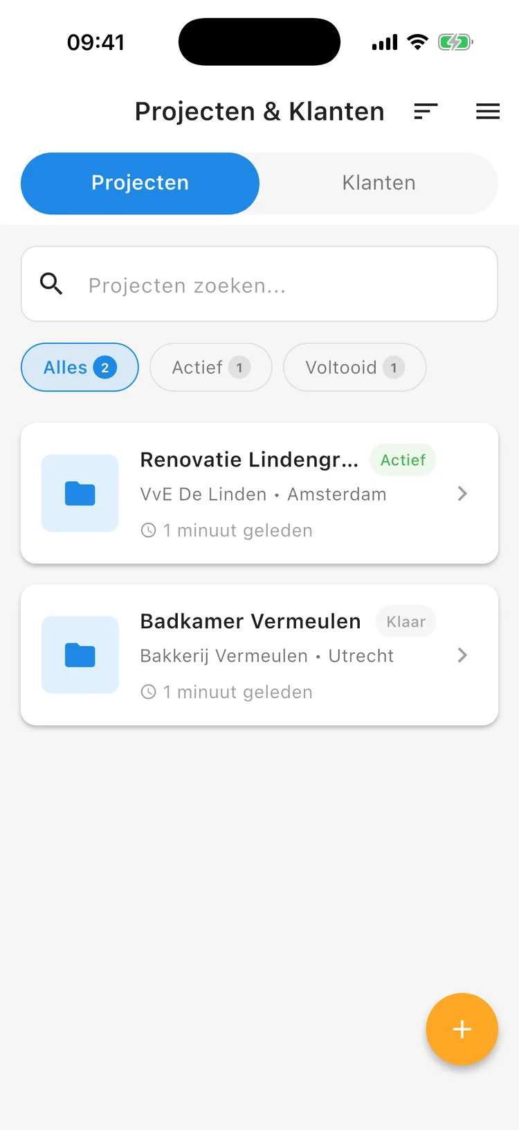Projecten & Klanten-overzicht in de WorkSmart AI app