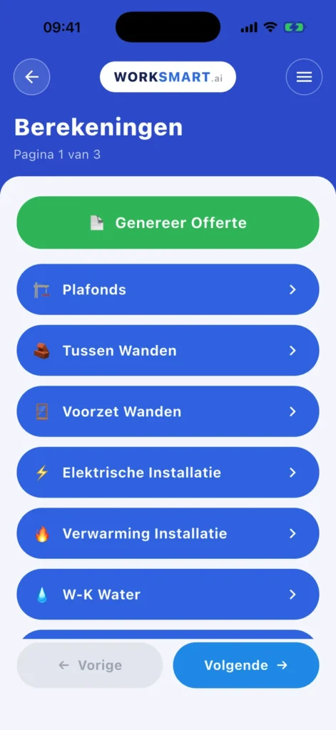 Overzicht van rekenhulpen (Berekeningen) in de WorkSmart AI app
